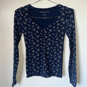 Aeropostale Dark Blue Floral Long Sleeve Top